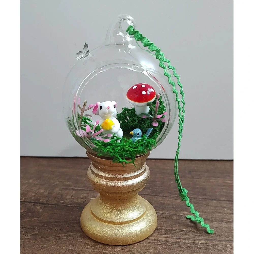 Handmade Glass Diorama Christmas Ornament Terrarium Fairy Garden Bunny Mushroom